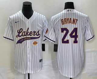 Men%27s Los Angeles Lakers #24 Kobe Bryant White Pinstripe With Patch Cool Base Stitched Baseball Jersey->los angeles lakers->NBA Jersey